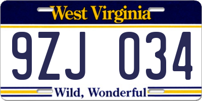 WV license plate 9ZJ034