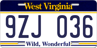 WV license plate 9ZJ036