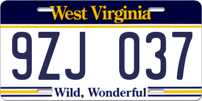 WV license plate 9ZJ037