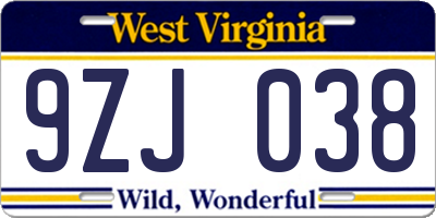 WV license plate 9ZJ038