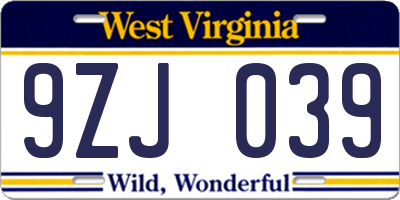 WV license plate 9ZJ039