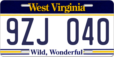 WV license plate 9ZJ040