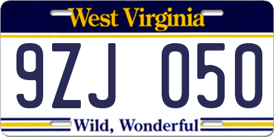 WV license plate 9ZJ050