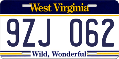 WV license plate 9ZJ062