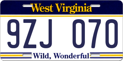 WV license plate 9ZJ070