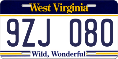 WV license plate 9ZJ080
