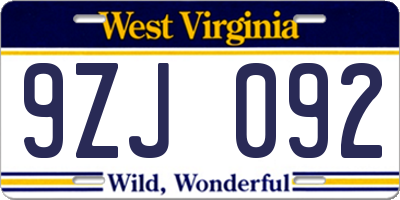 WV license plate 9ZJ092