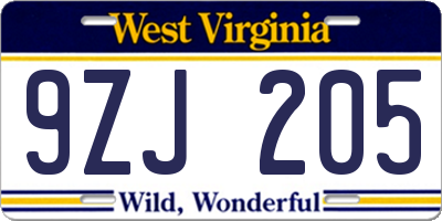 WV license plate 9ZJ205