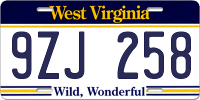 WV license plate 9ZJ258