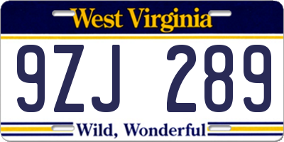 WV license plate 9ZJ289