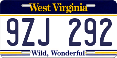 WV license plate 9ZJ292