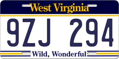 WV license plate 9ZJ294