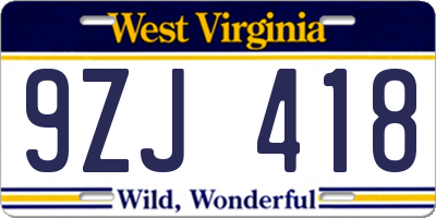 WV license plate 9ZJ418