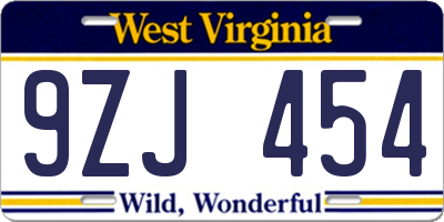 WV license plate 9ZJ454