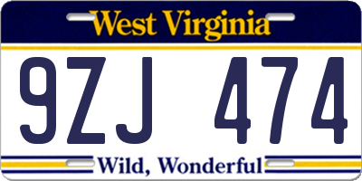 WV license plate 9ZJ474