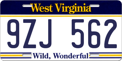 WV license plate 9ZJ562
