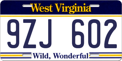 WV license plate 9ZJ602