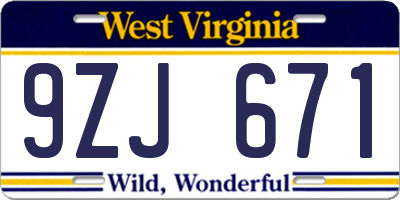 WV license plate 9ZJ671