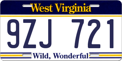 WV license plate 9ZJ721
