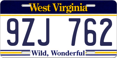 WV license plate 9ZJ762