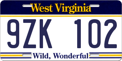 WV license plate 9ZK102