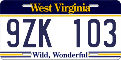 WV license plate 9ZK103