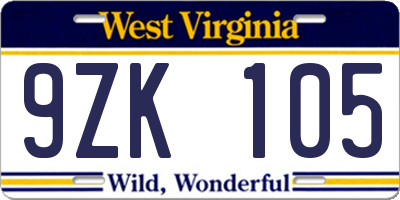 WV license plate 9ZK105