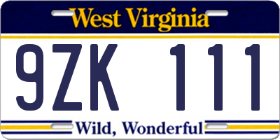 WV license plate 9ZK111