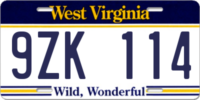 WV license plate 9ZK114