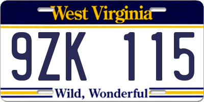 WV license plate 9ZK115