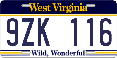 WV license plate 9ZK116