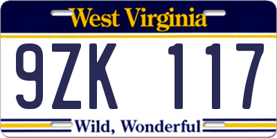 WV license plate 9ZK117