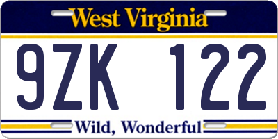 WV license plate 9ZK122