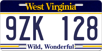 WV license plate 9ZK128