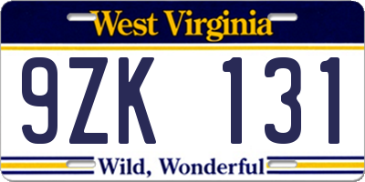 WV license plate 9ZK131