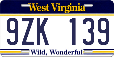 WV license plate 9ZK139