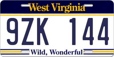 WV license plate 9ZK144