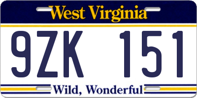 WV license plate 9ZK151