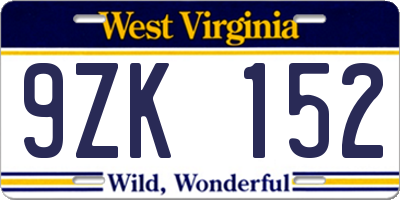 WV license plate 9ZK152