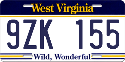 WV license plate 9ZK155