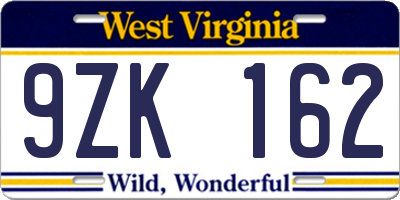 WV license plate 9ZK162