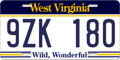 WV license plate 9ZK180