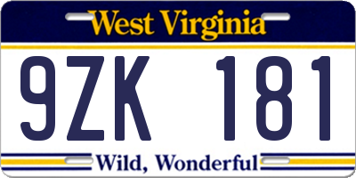 WV license plate 9ZK181