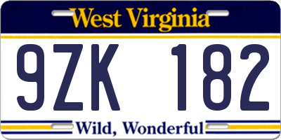 WV license plate 9ZK182