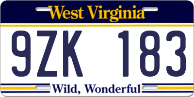 WV license plate 9ZK183