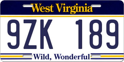 WV license plate 9ZK189