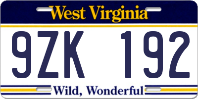 WV license plate 9ZK192