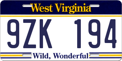 WV license plate 9ZK194