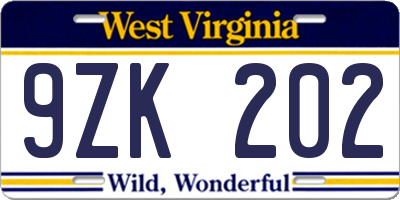 WV license plate 9ZK202