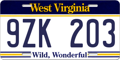 WV license plate 9ZK203